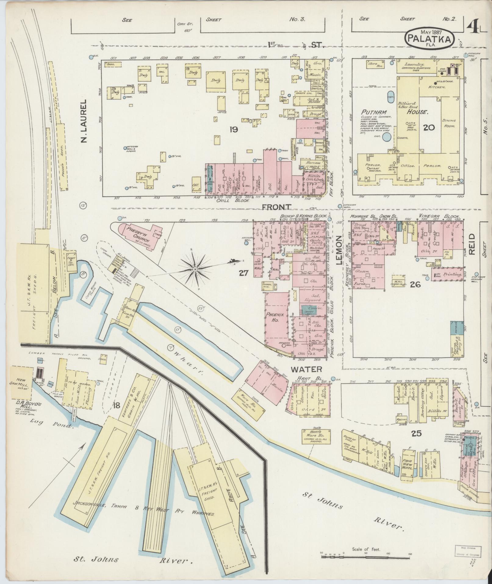 Sanborn Fire Insurance Map from Palatka, Putnam County, Florida (1887), Sheet #0004 - Complete Map Set gallery image, historic Sanborn map, vintage wall art, Florida Florida