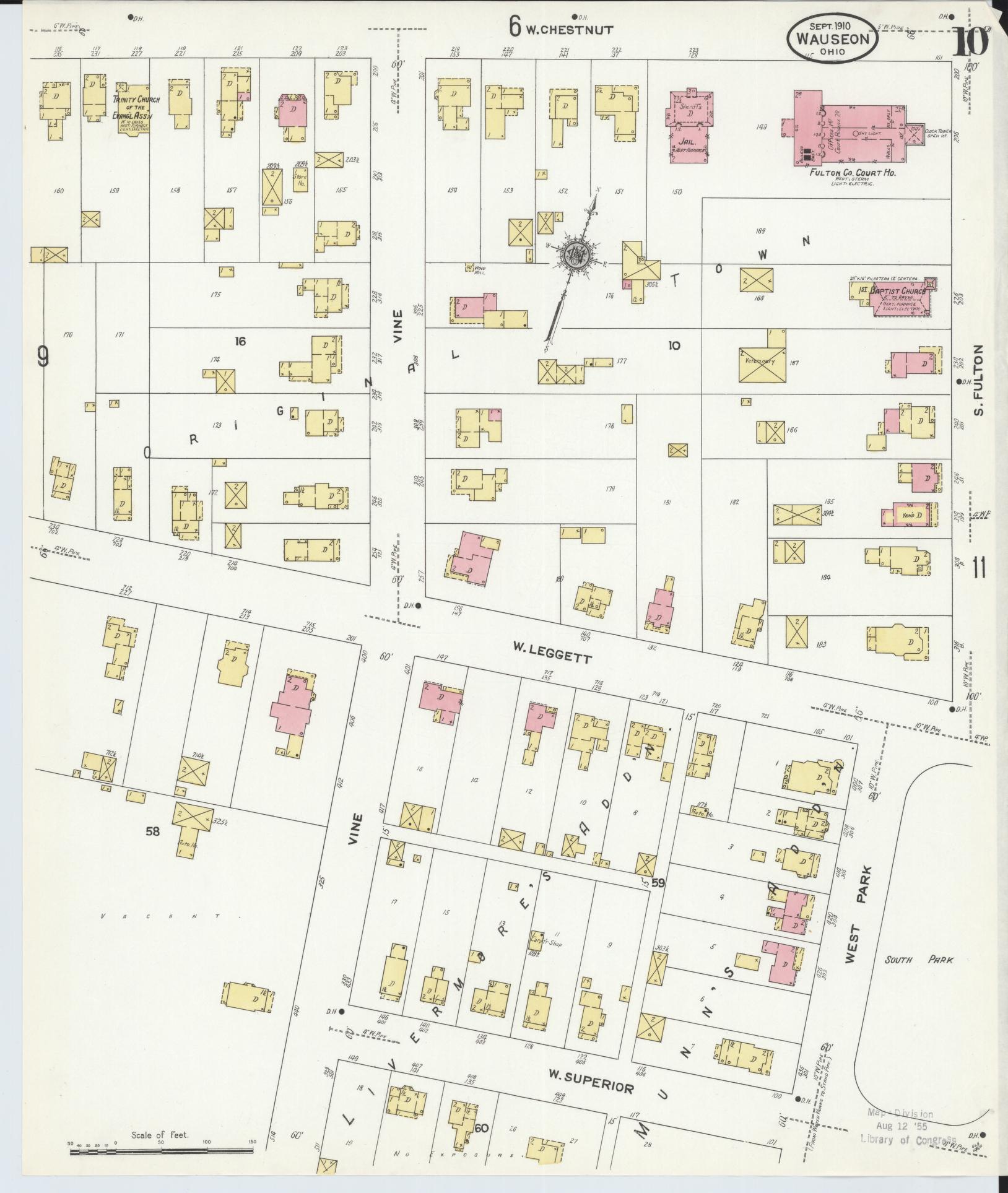 Sanborn Fire Insurance Map from Wauseon, Fulton County, Ohio (1910), Sheet #0010 - Historic Sanborn Fire Insurance Map Print, vintage old map wall art, antique decor, genealogy gift, Ohio Ohio map