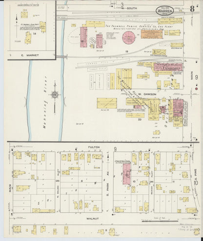 Sanborn Fire Insurance Map from Warren, Trumbull County, Ohio (1915), Sheet #0008 - Historic Sanborn Fire Insurance Map Print, vintage old map wall art, antique decor, genealogy gift, Ohio Ohio map