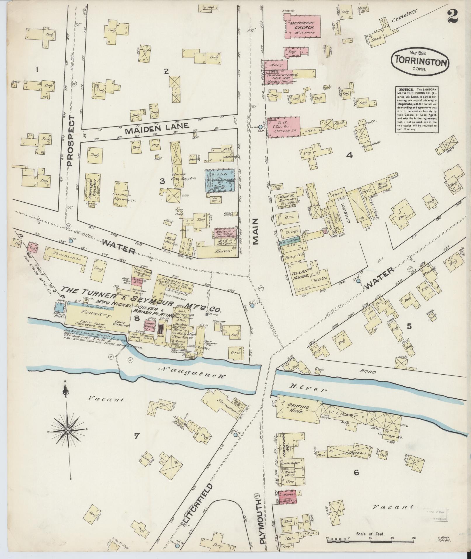 Sanborn Fire Insurance Map from Torrington, Litchfield County, Connecticut (1884), Sheet #0002 - Historic Sanborn Fire Insurance Map Print, vintage old map wall art, antique decor, genealogy gift, Connecticut Connecticut map