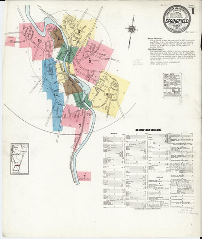 Sanborn Fire Insurance Map from Springfield, Windsor County, Vermont (1921), Sheet #0001 - Complete Map Set gallery image, historic Sanborn map, vintage wall art, Vermont Vermont