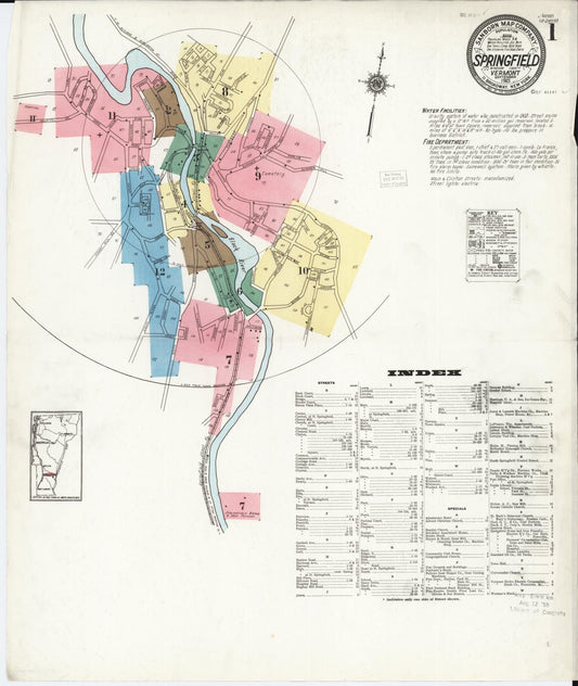 Sanborn Fire Insurance Map from Springfield, Windsor County, Vermont (1921), Sheet #0001 - Complete Map Set gallery image, historic Sanborn map, vintage wall art, Vermont Vermont