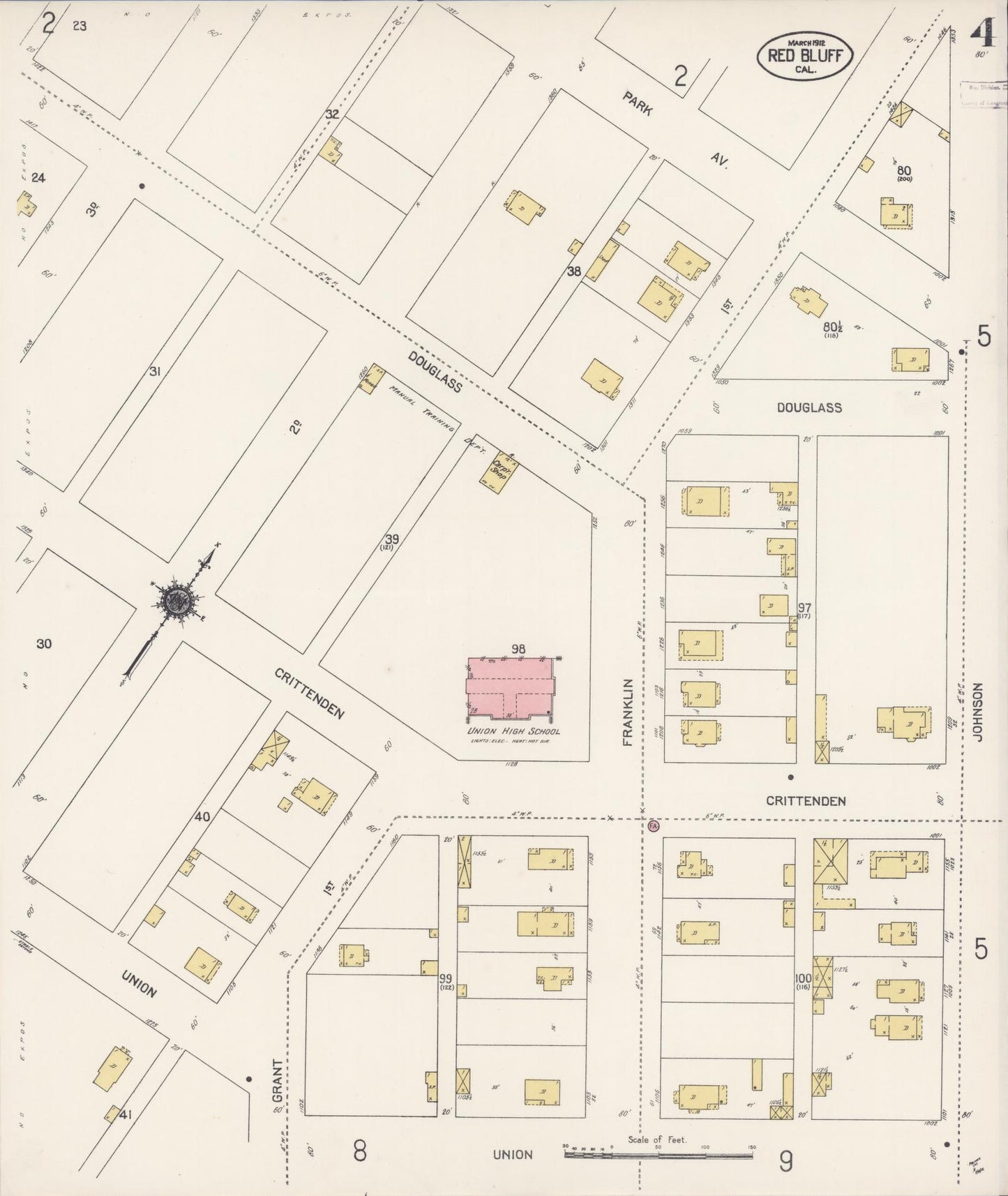 Sanborn Fire Insurance Map from Red Bluff, Tehama County, California (1912), Sheet #0004 - Complete Map Set gallery image, historic Sanborn map, vintage wall art, California California