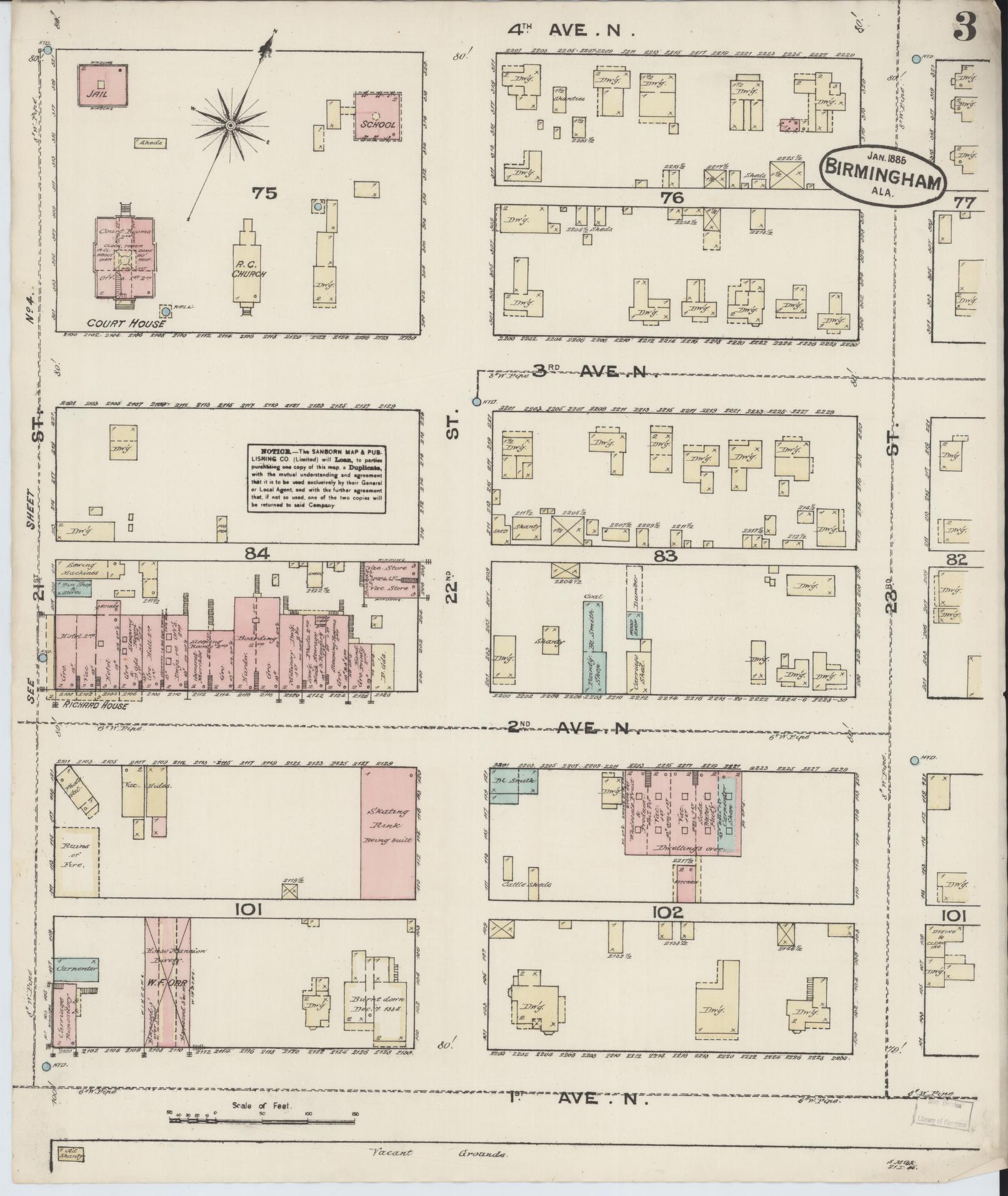 Sanborn Fire Insurance Map from Birmingham, Jefferson County, Alabama (1885), Sheet #0003 - Complete Map Set gallery image, historic Sanborn map, vintage wall art, Alabama Alabama