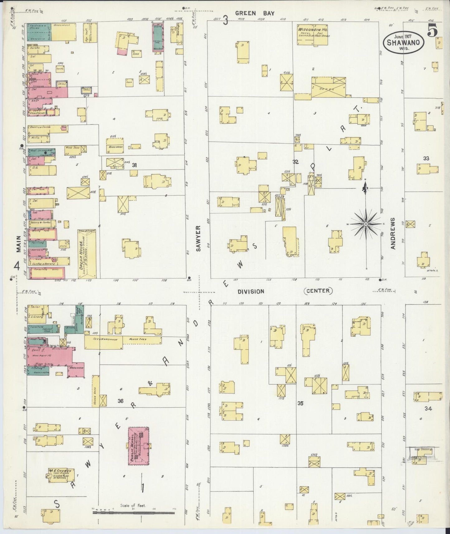 Sanborn Fire Insurance Map from Shawano, Shawano County, Wisconsin (1907), Sheet #0005 - Historic Sanborn Fire Insurance Map Print, vintage old map wall art, antique decor, genealogy gift, Wisconsin Wisconsin map