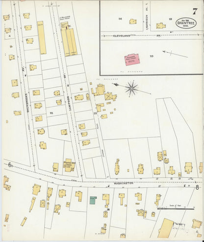 Sanborn Fire Insurance Map from Braintree, Norfolk County, Massachusetts (1906), Sheet #0007 - Historic Sanborn Fire Insurance Map Print, vintage old map wall art, antique decor, genealogy gift, Massachusetts Massachusetts map