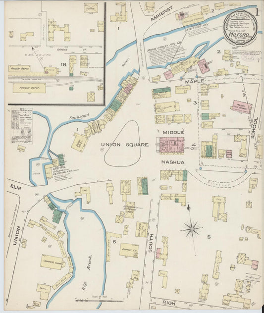 Sanborn Fire Insurance Map from Milford, Hillsborough County, New Hampshire (1885), Sheet #0001 - Complete Map Set gallery image, historic Sanborn map, vintage wall art, New Hampshire New Hampshire