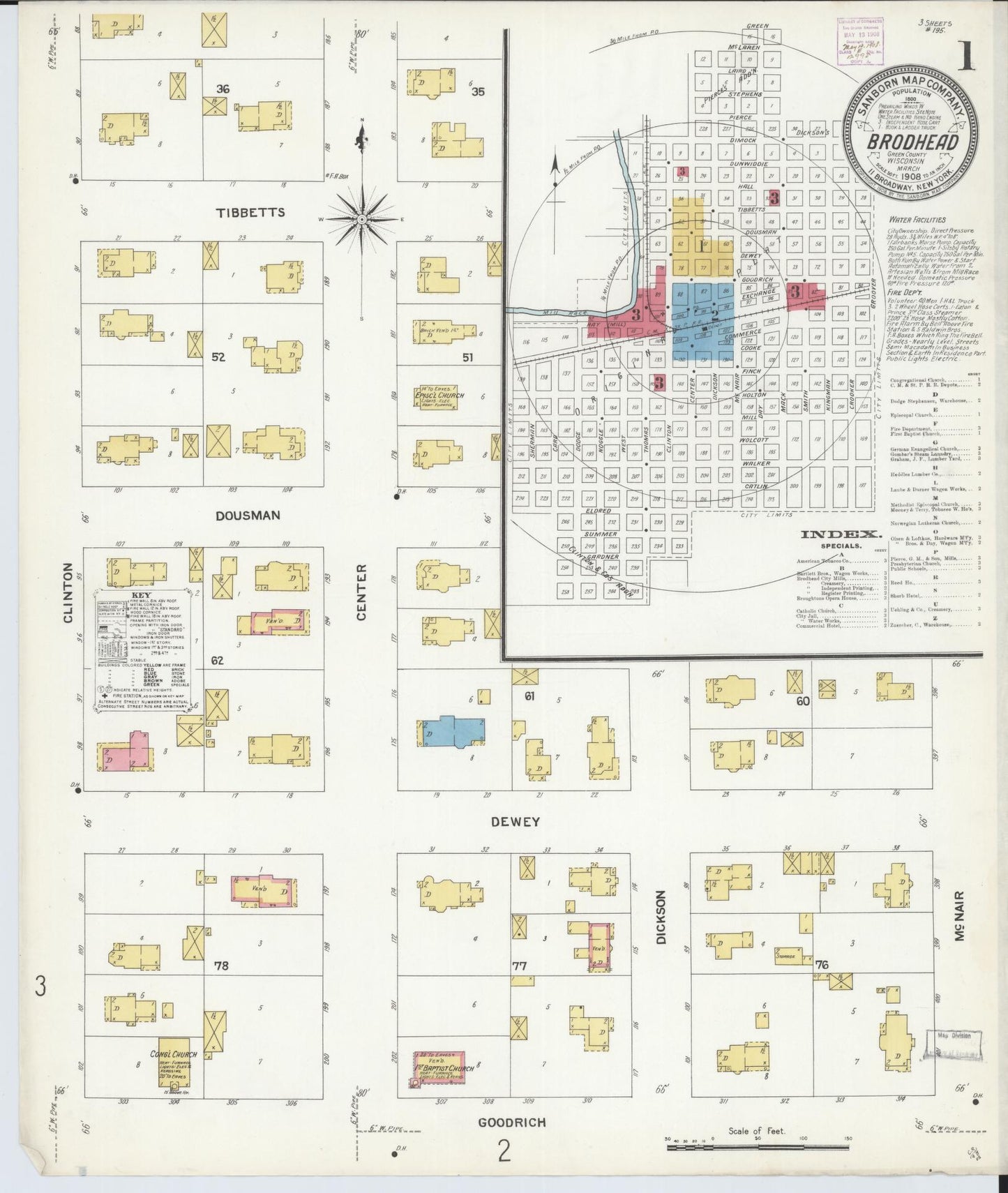 Sanborn Fire Insurance Map from Brodhead, Green County, Wisconsin (1908), Sheet #0001 - Complete Map Set gallery image, historic Sanborn map, vintage wall art, Wisconsin Wisconsin