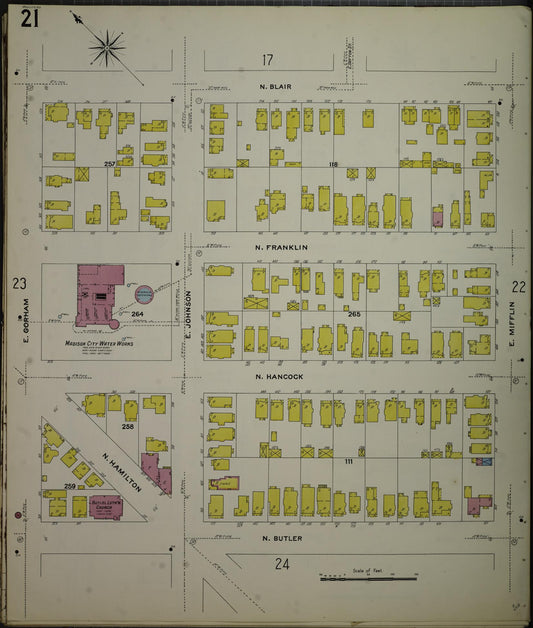 Sanborn Fire Insurance Map from Madison, Dane County, Wisconsin (1908), Sheet #0021 - Historic Sanborn Fire Insurance Map Print, vintage old map wall art, antique decor, genealogy gift, Wisconsin Wisconsin map