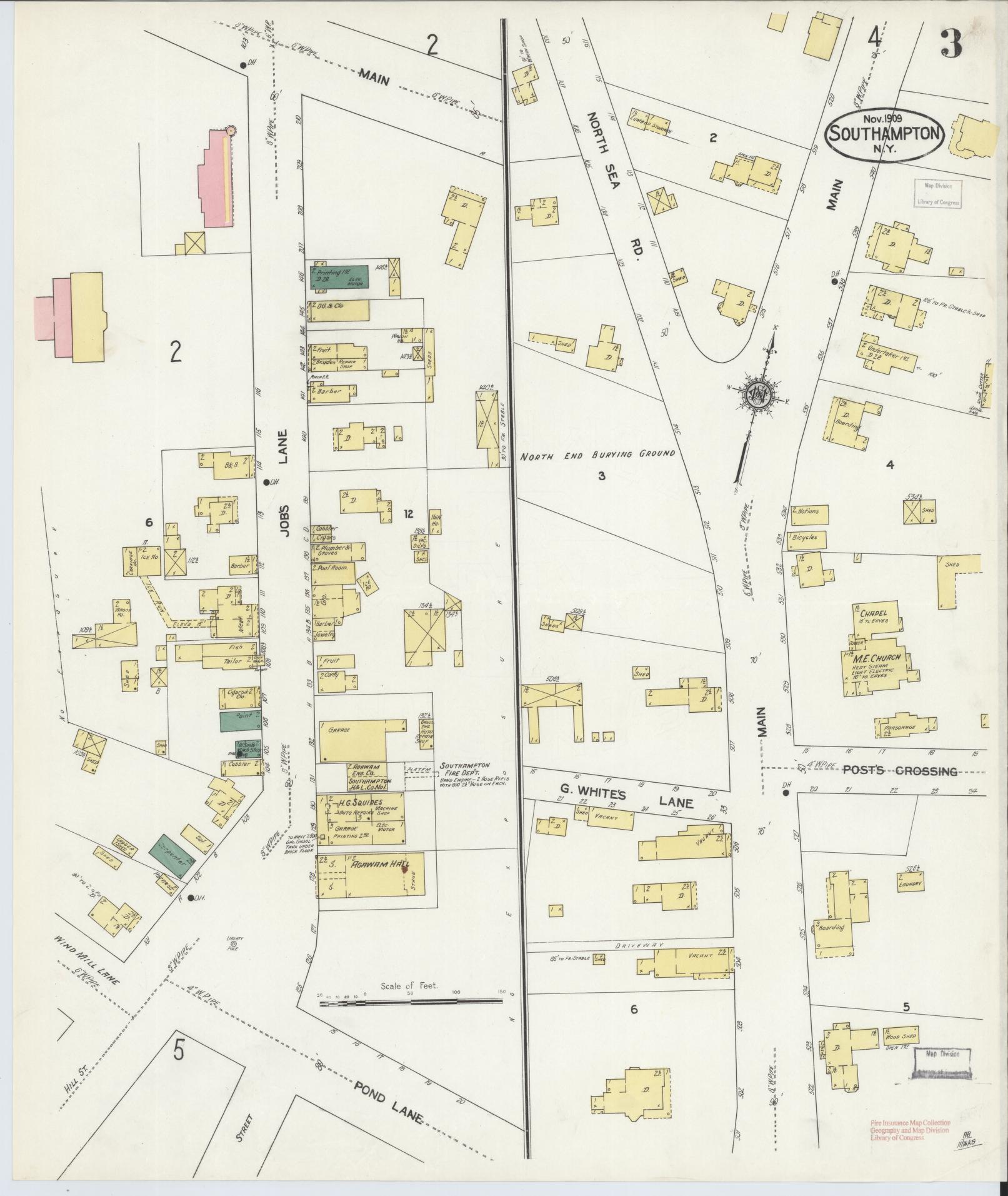 Sanborn Fire Insurance Map from Southampton, Suffolk County, New York (1909), Sheet #0003 - Historic Sanborn Fire Insurance Map Print, vintage old map wall art, antique decor, genealogy gift, New York New York map