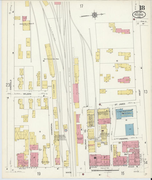 Sanborn Fire Insurance Map from Keene, Cheshire County, New Hampshire (1913), Sheet #0018 - Historic Sanborn Fire Insurance Map Print, vintage old map wall art, antique decor, genealogy gift, New Hampshire New Hampshire map