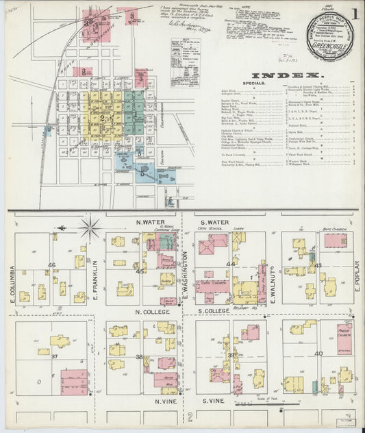 Sanborn Fire Insurance Map from Greencastle, Putnam County, Indiana (1892), Sheet #0001 - Historic Sanborn Fire Insurance Map Print, vintage old map wall art, antique decor, genealogy gift, Indiana Indiana map