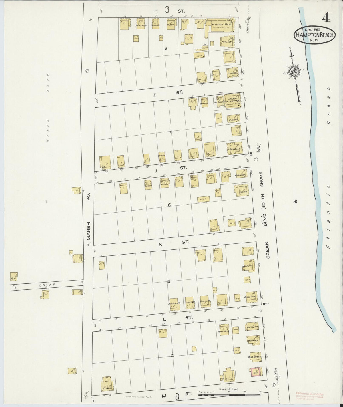 Sanborn Fire Insurance Map from Hampton Beach, Rockingham County, New Hampshire (1916), Sheet #0004 - Complete Map Set gallery image, historic Sanborn map, vintage wall art, New Hampshire New Hampshire