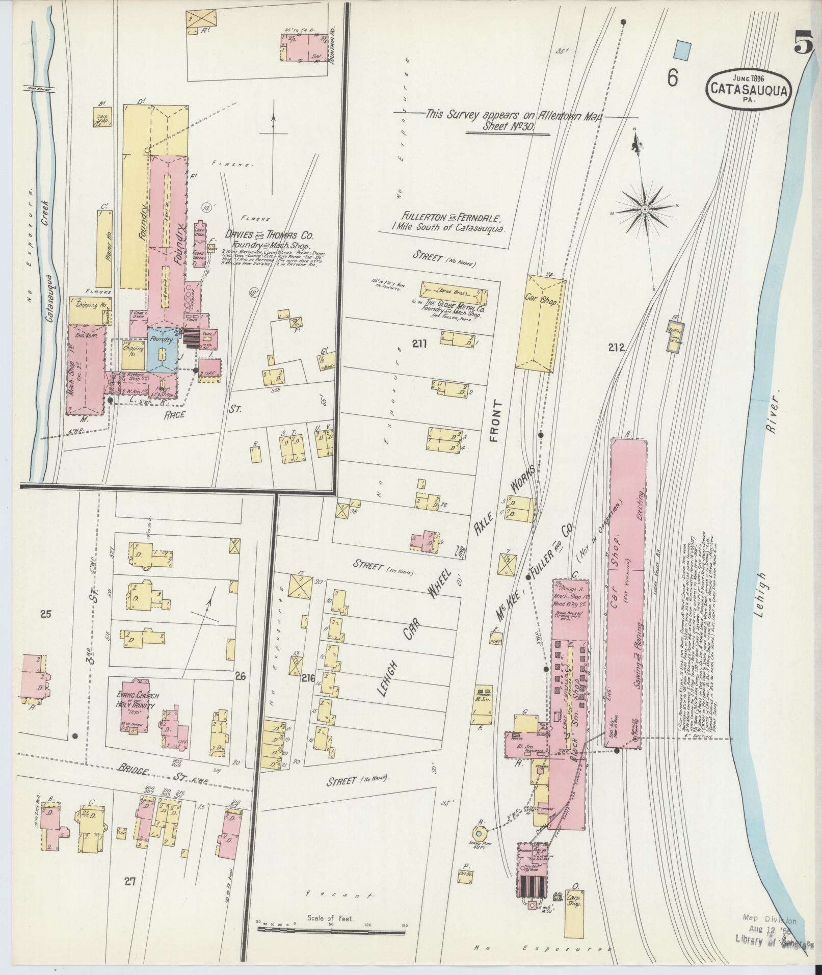 Sanborn Fire Insurance Map from Catasauqua, Lehigh County, Pennsylvania (1896), Sheet #0005 - Historic Sanborn Fire Insurance Map Print, vintage old map wall art, antique decor, genealogy gift, Pennsylvania Pennsylvania map