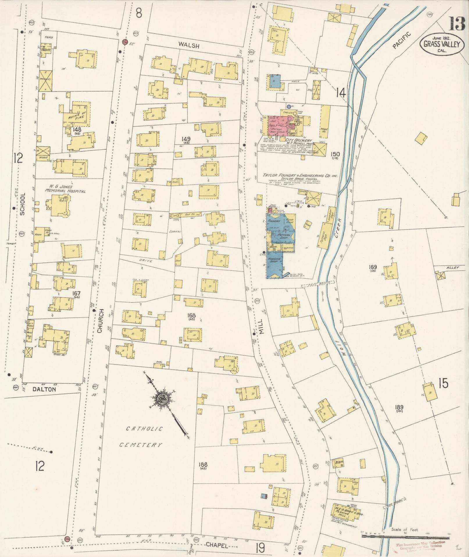 Sanborn Fire Insurance Map from Grass Valley, Nevada County, California (1912), Sheet #0013 - Complete Map Set gallery image, historic Sanborn map, vintage wall art, California California