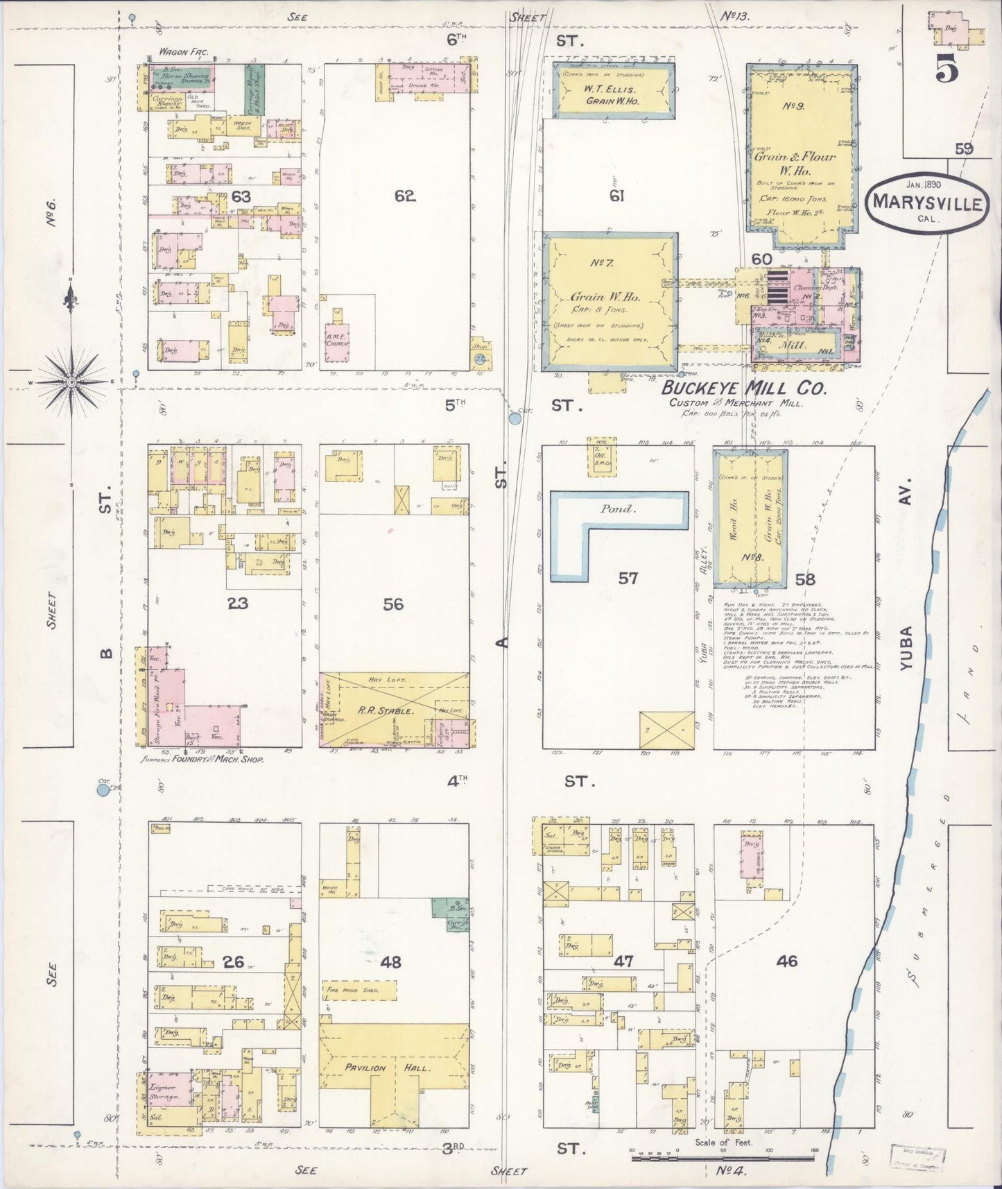 Sanborn Fire Insurance Map from Marysville, Yuba County, California (1890), Sheet #0005 - Historic Sanborn Fire Insurance Map Print, vintage old map wall art, antique decor, genealogy gift, California California map