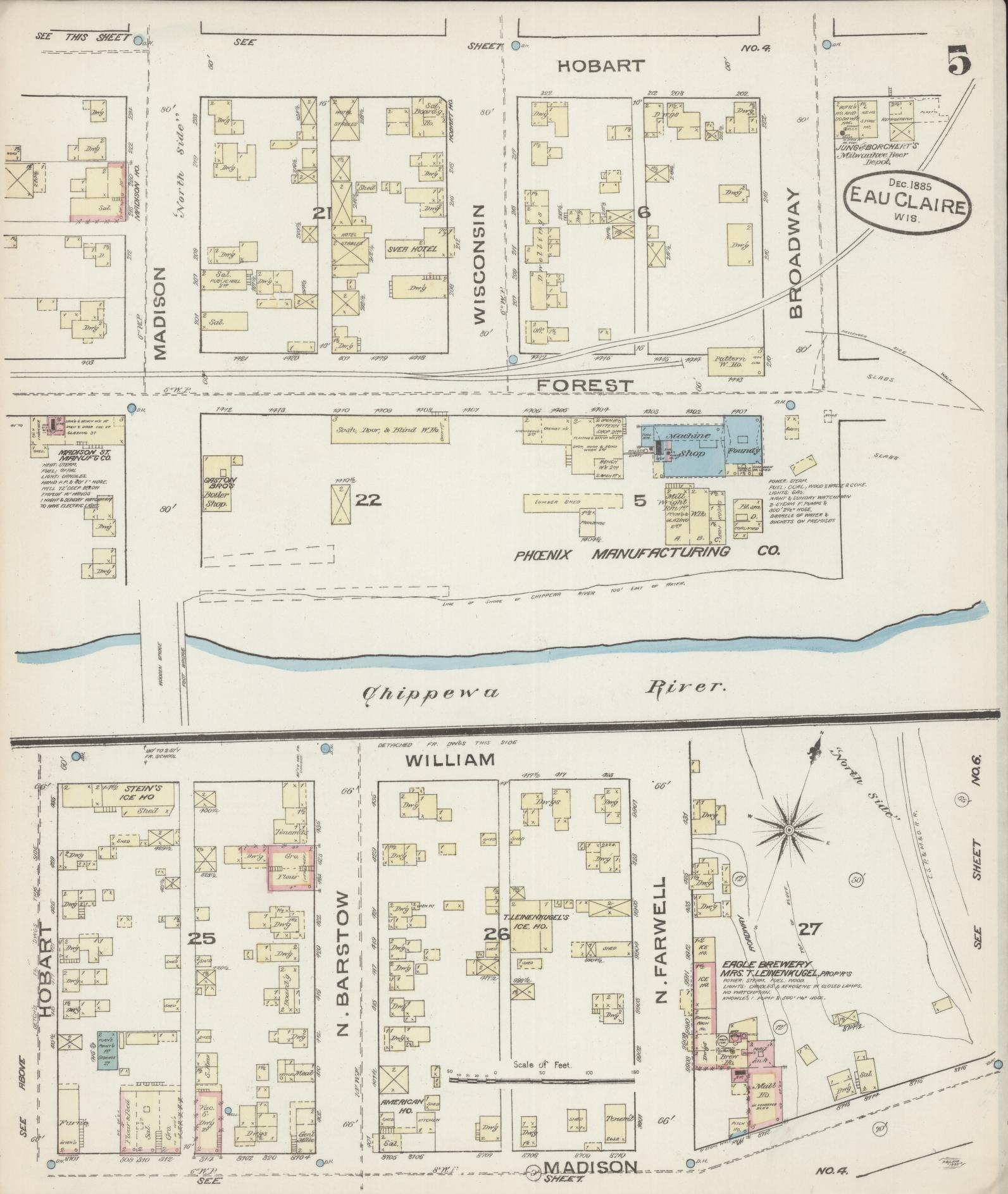 Sanborn Fire Insurance Map from Eau Claire, Eau Claire County, Wisconsin (1885), Sheet #0005 - Historic Sanborn Fire Insurance Map Print, vintage old map wall art, antique decor, genealogy gift, Wisconsin Wisconsin map