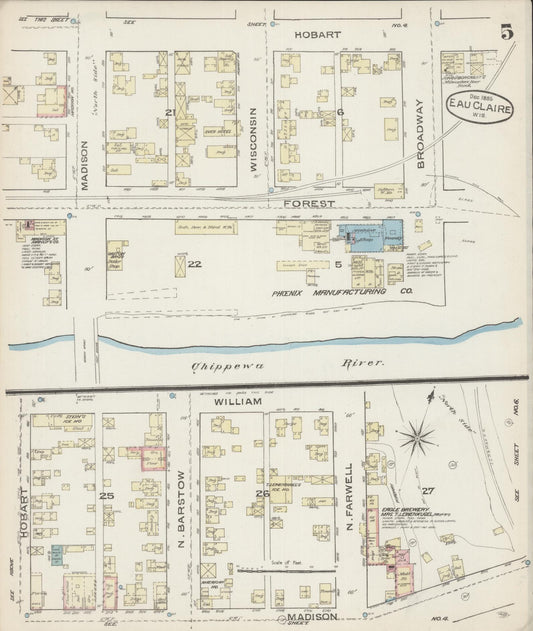 Sanborn Fire Insurance Map from Eau Claire, Eau Claire County, Wisconsin (1885), Sheet #0005 - Historic Sanborn Fire Insurance Map Print, vintage old map wall art, antique decor, genealogy gift, Wisconsin Wisconsin map