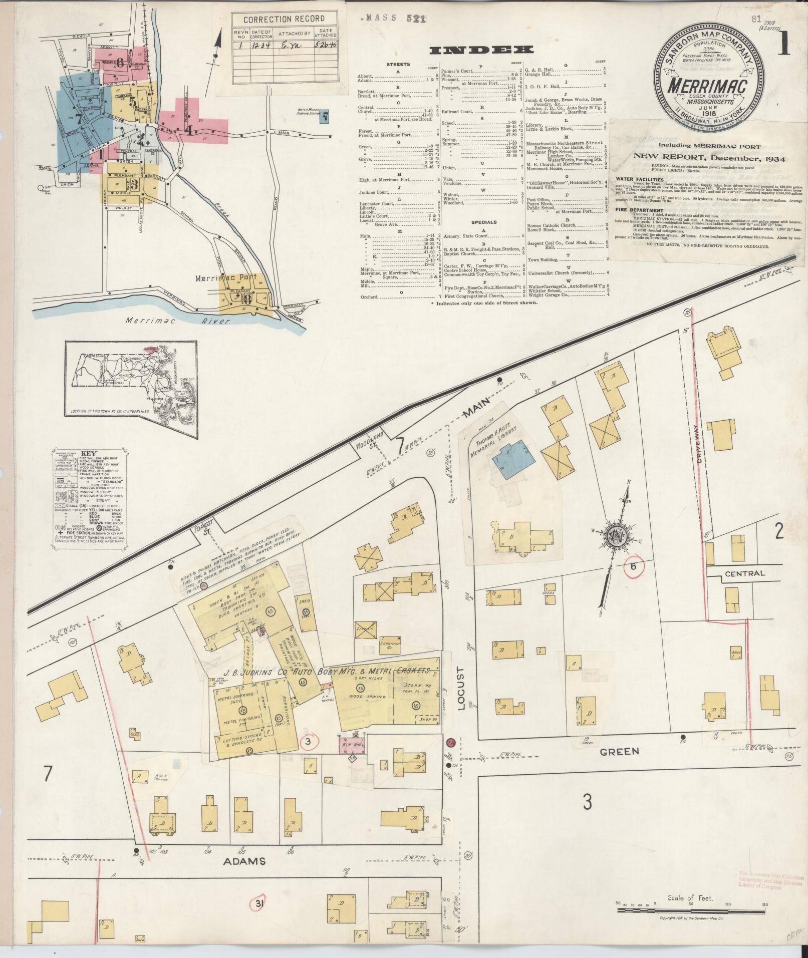 Sanborn Fire Insurance Map from Merrimac, Essex County, Massachusetts (1934), Sheet #0001 - Complete Map Set gallery image, historic Sanborn map, vintage wall art, Massachusetts Massachusetts