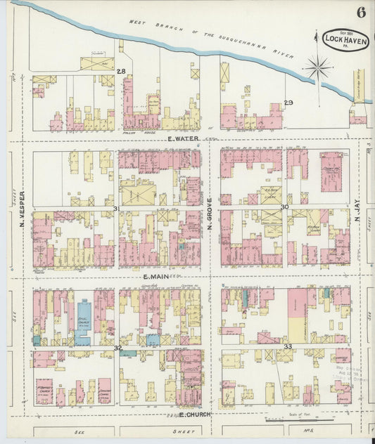 Sanborn Fire Insurance Map from Lock Haven, Clinton County, Pennsylvania (1891), Sheet #0006 - Historic Sanborn Fire Insurance Map Print, vintage old map wall art, antique decor, genealogy gift, Pennsylvania Pennsylvania map