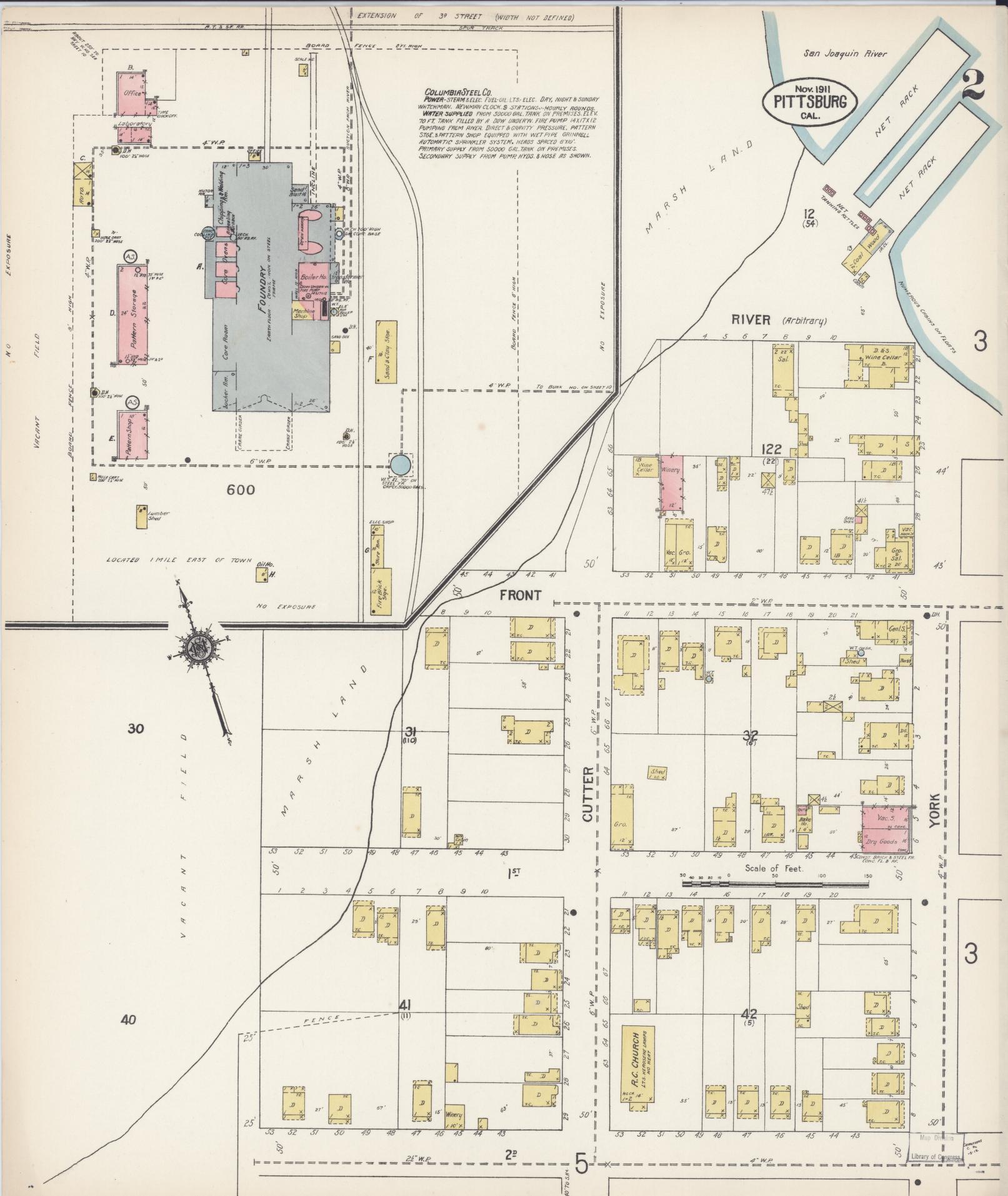 Sanborn Fire Insurance Map from Pittsburg, Contra Costa County, California (1911), Sheet #0002 - Complete Map Set gallery image, historic Sanborn map, vintage wall art, California California