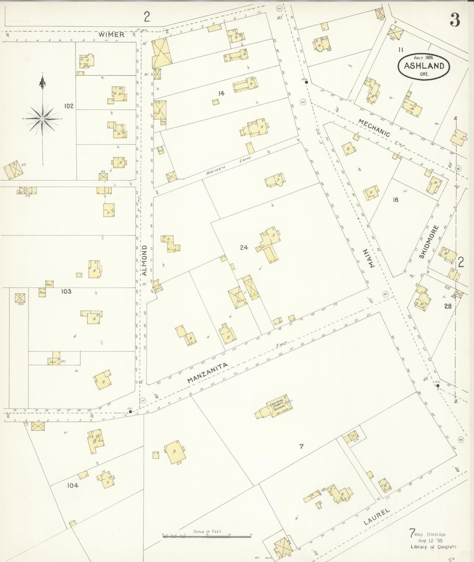 Sanborn Fire Insurance Map from Ashland, Jackson County, Oregon (1898), Sheet #0003 - Historic Sanborn Fire Insurance Map Print, vintage old map wall art, antique decor, genealogy gift, Oregon Oregon map