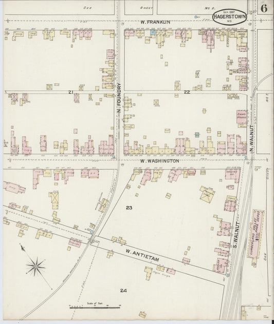 Sanborn Fire Insurance Map from Hagerstown, Washington County, Maryland (1887), Sheet #0006 - Historic Sanborn Fire Insurance Map Print, vintage old map wall art, antique decor, genealogy gift, Maryland Maryland map