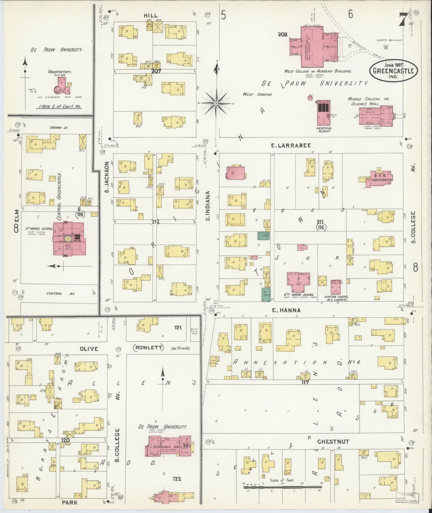 Sanborn Fire Insurance Map from Greencastle, Putnam County, Indiana (1907), Sheet #0007 - Historic Sanborn Fire Insurance Map Print, vintage old map wall art, antique decor, genealogy gift, Indiana Indiana map