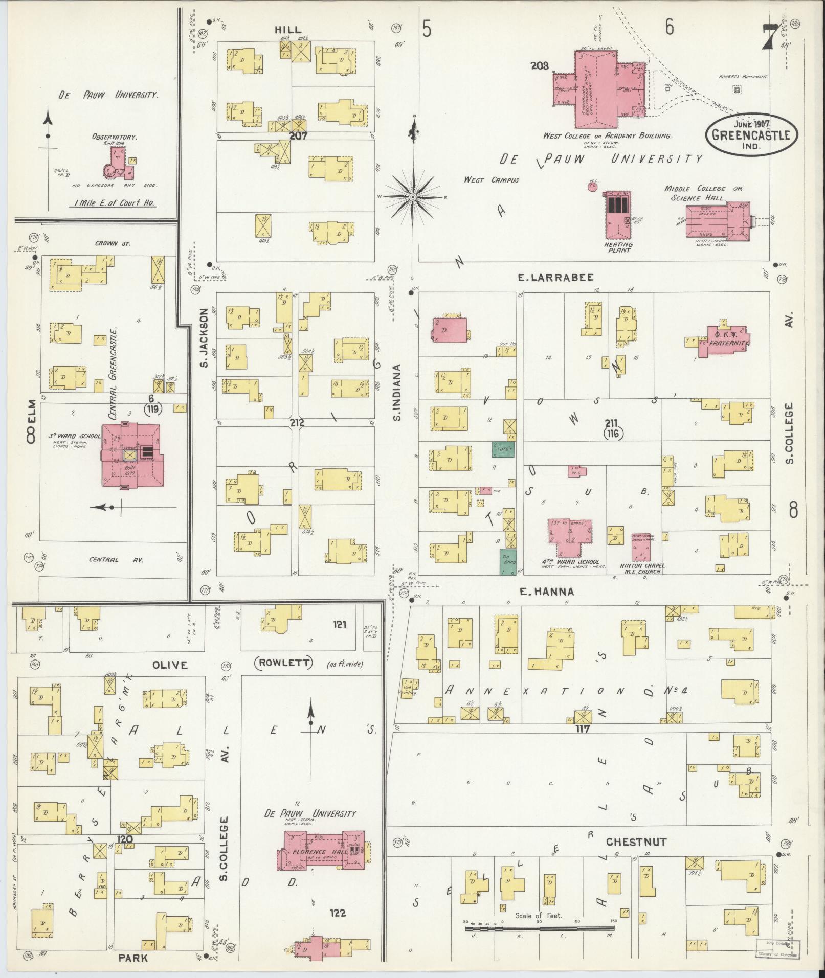 Sanborn Fire Insurance Map from Greencastle, Putnam County, Indiana (1907), Sheet #0007 - Historic Sanborn Fire Insurance Map Print, vintage old map wall art, antique decor, genealogy gift, Indiana Indiana map