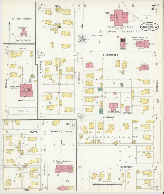 Sanborn Fire Insurance Map from Greencastle, Putnam County, Indiana (1907), Sheet #0007 - Historic Sanborn Fire Insurance Map Print, vintage old map wall art, antique decor, genealogy gift, Indiana Indiana map