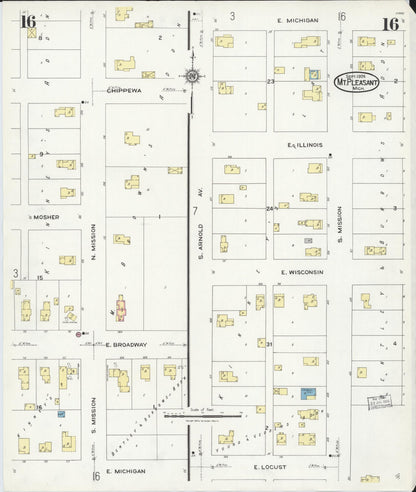 Sanborn Fire Insurance Map from Mount Pleasant, Isabella County, Michigan (1924), Sheet #0016 - Complete Map Set gallery image, historic Sanborn map, vintage wall art, Michigan Michigan