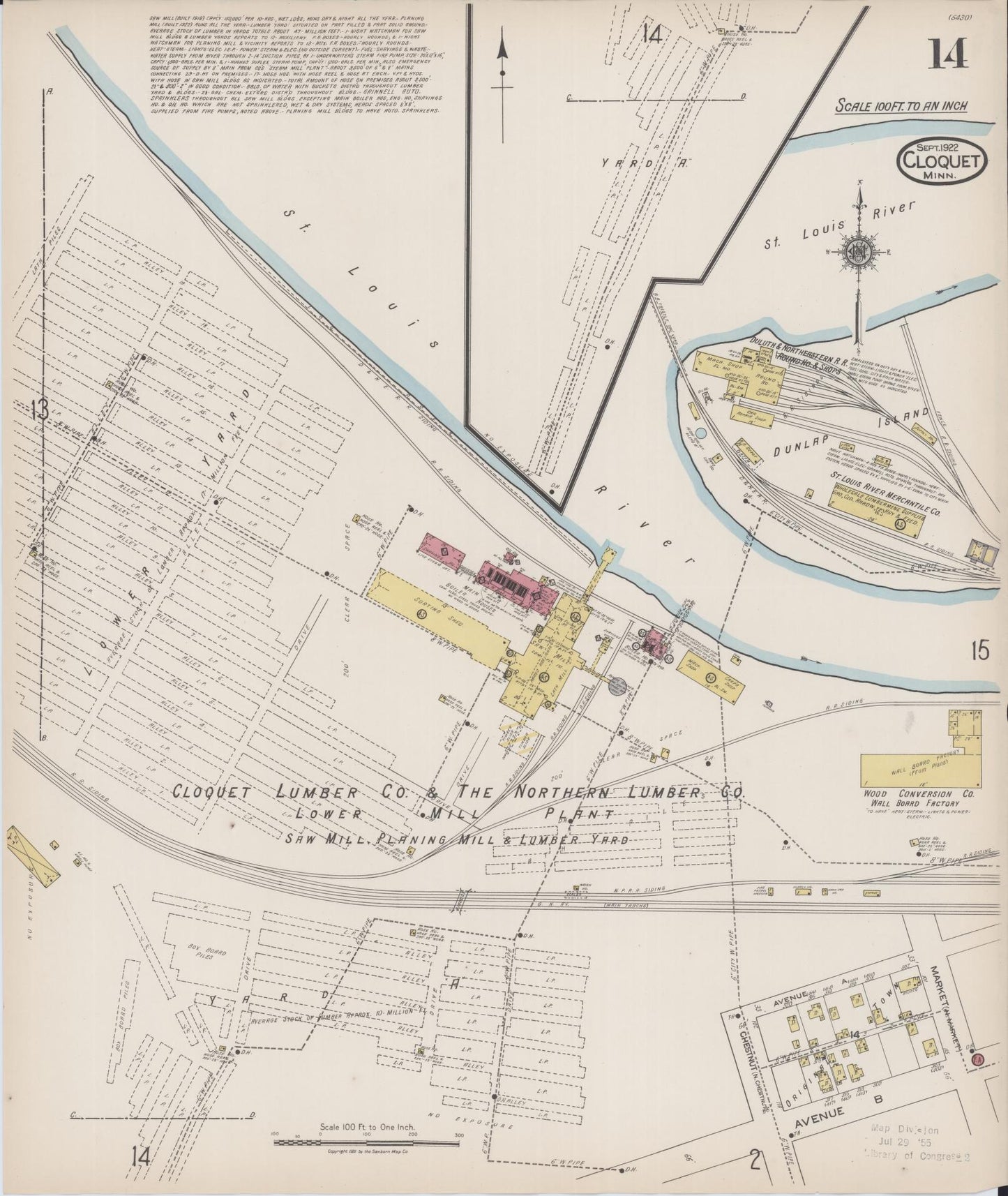 Sanborn Fire Insurance Map from Cloquet, Carlton County, Minnesota (1922), Sheet #0014 - Historic Sanborn Fire Insurance Map Print, vintage old map wall art, antique decor, genealogy gift, Minnesota Minnesota map