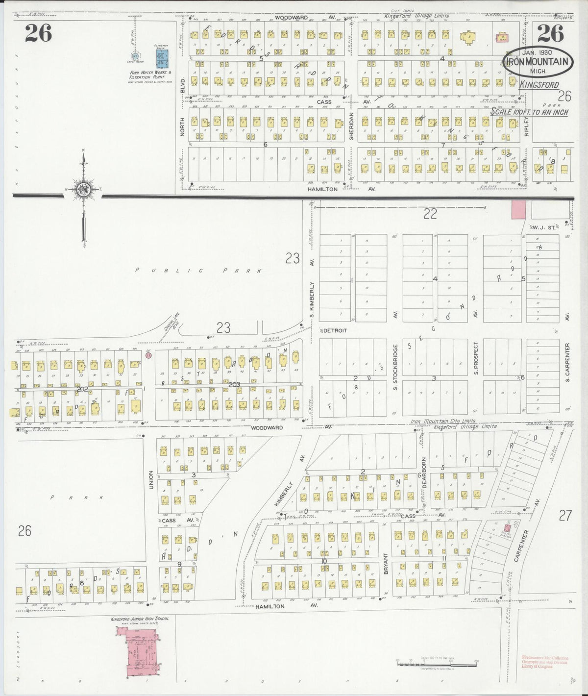 Sanborn Fire Insurance Map from Iron Mountain, Dickinson County, Michigan (1930), Sheet #0026 - Historic Sanborn Fire Insurance Map Print, vintage old map wall art, antique decor, genealogy gift, Michigan Michigan map