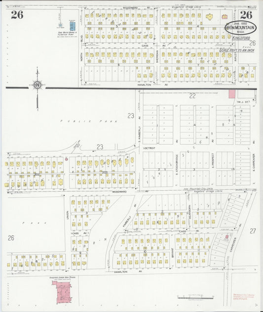 Sanborn Fire Insurance Map from Iron Mountain, Dickinson County, Michigan (1930), Sheet #0026 - Historic Sanborn Fire Insurance Map Print, vintage old map wall art, antique decor, genealogy gift, Michigan Michigan map