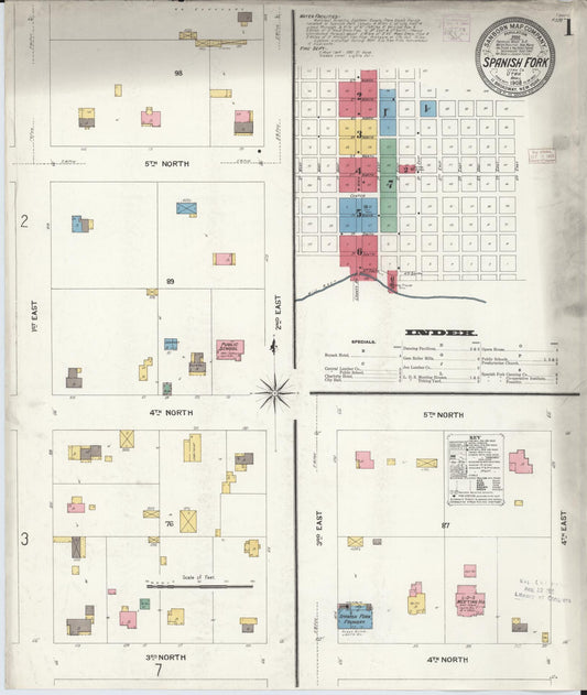 Sanborn Fire Insurance Map from Spanish Fork, Utah County, Utah (1908), Sheet #0001 - Historic Sanborn Fire Insurance Map Print, vintage old map wall art, antique decor, genealogy gift, Spanish Fork Utah map
