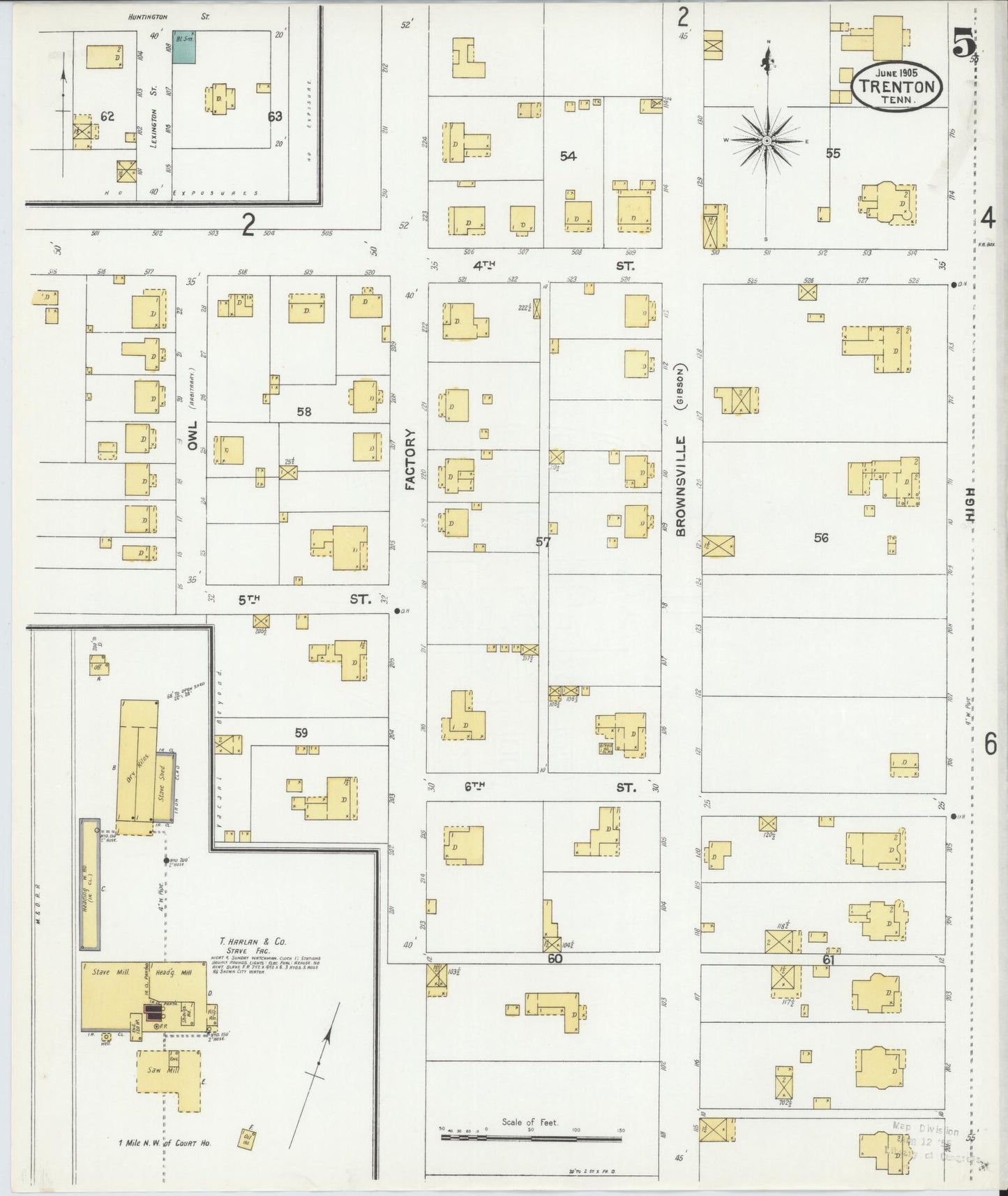 Sanborn Fire Insurance Map from Trenton, Gibson County, Tennessee (1905), Sheet #0005 - Complete Map Set gallery image, historic Sanborn map, vintage wall art, Tennessee Tennessee