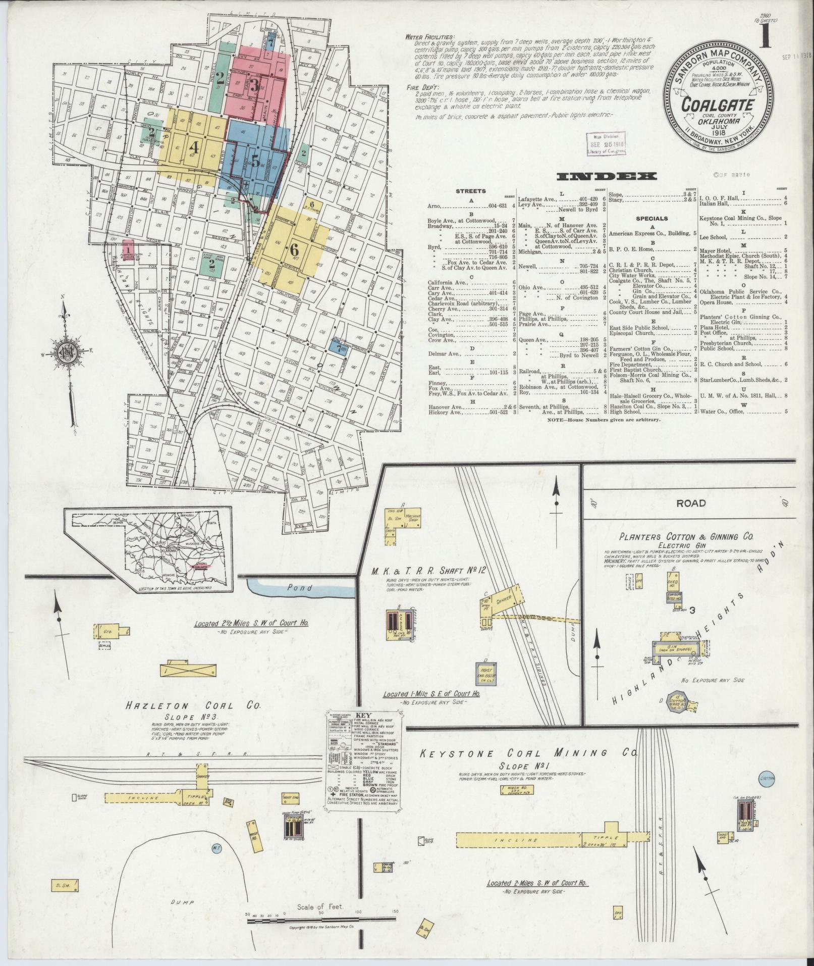 Sanborn Fire Insurance Map from Coalgate, Coal County, Oklahoma (1918), Sheet #0001 - Complete Map Set gallery image, historic Sanborn map, vintage wall art, Oklahoma Oklahoma