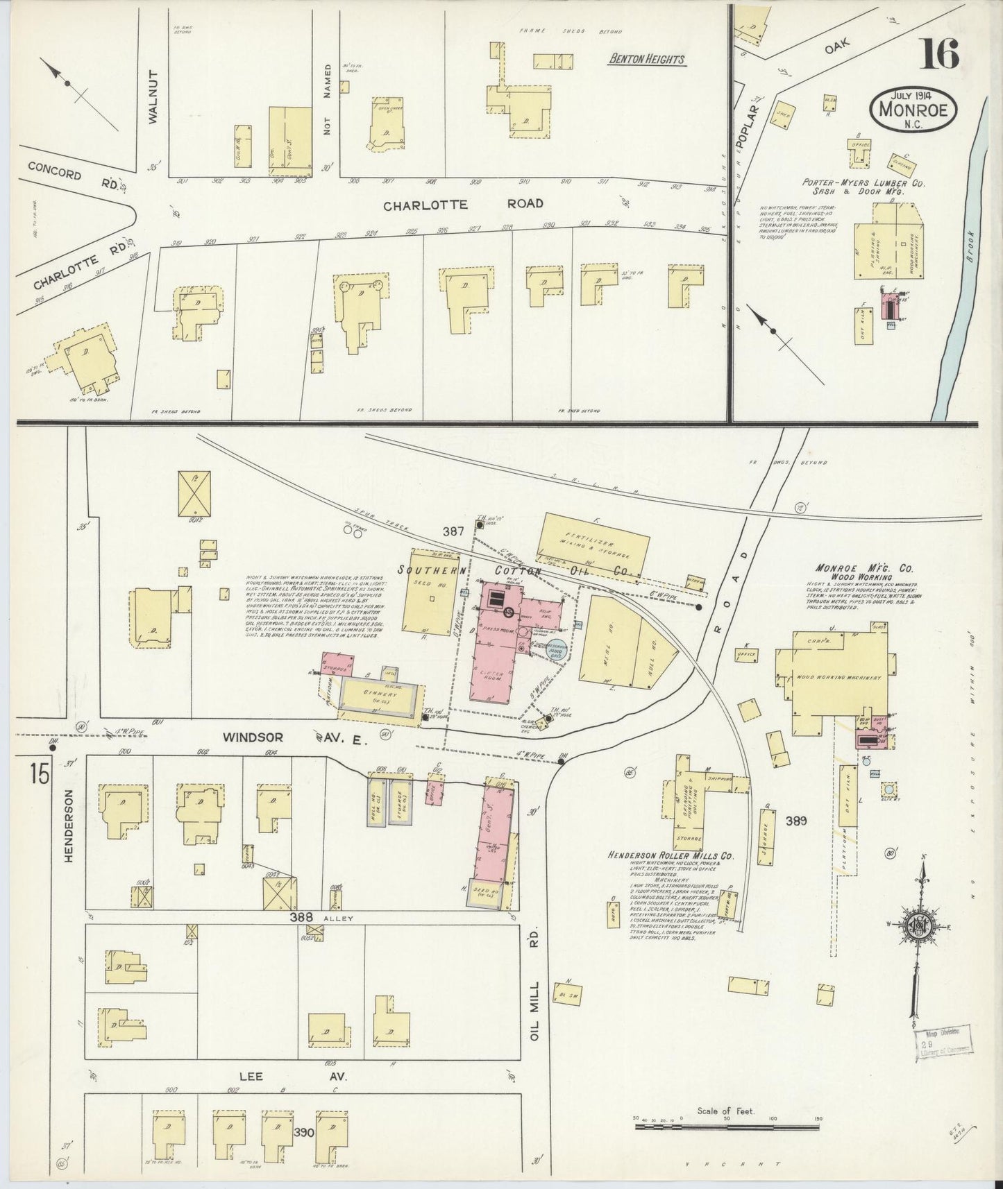 Sanborn Fire Insurance Map from Monroe, Union County, North Carolina (1914), Sheet #0016 - Complete Map Set gallery image, historic Sanborn map, vintage wall art, North Carolina North Carolina