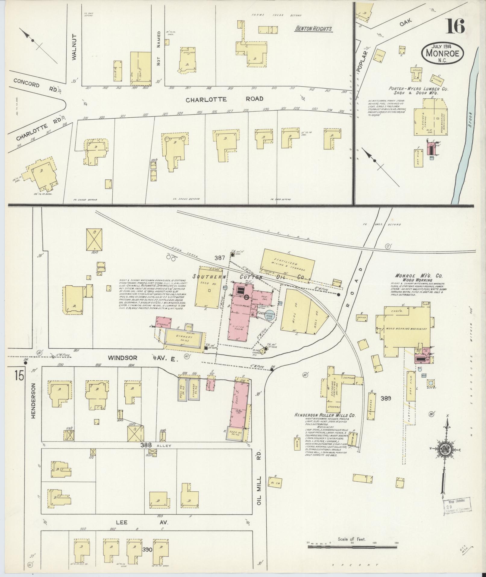 Sanborn Fire Insurance Map from Monroe, Union County, North Carolina (1914), Sheet #0016 - Complete Map Set gallery image, historic Sanborn map, vintage wall art, North Carolina North Carolina