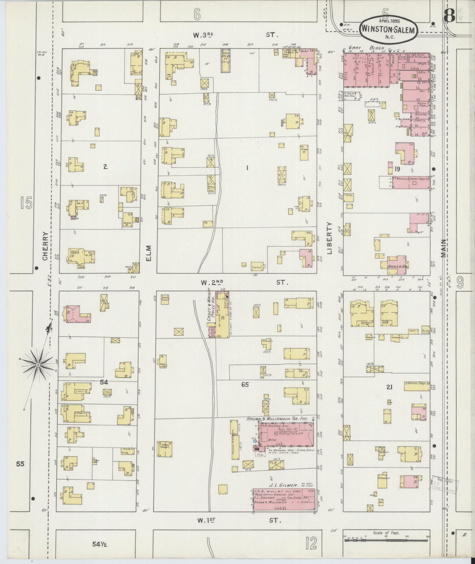 Sanborn Fire Insurance Map from Winston-Salem, Forsyth County, North Carolina (1895), Sheet #0008 - Complete Map Set gallery image, historic Sanborn map, vintage wall art, North Carolina North Carolina