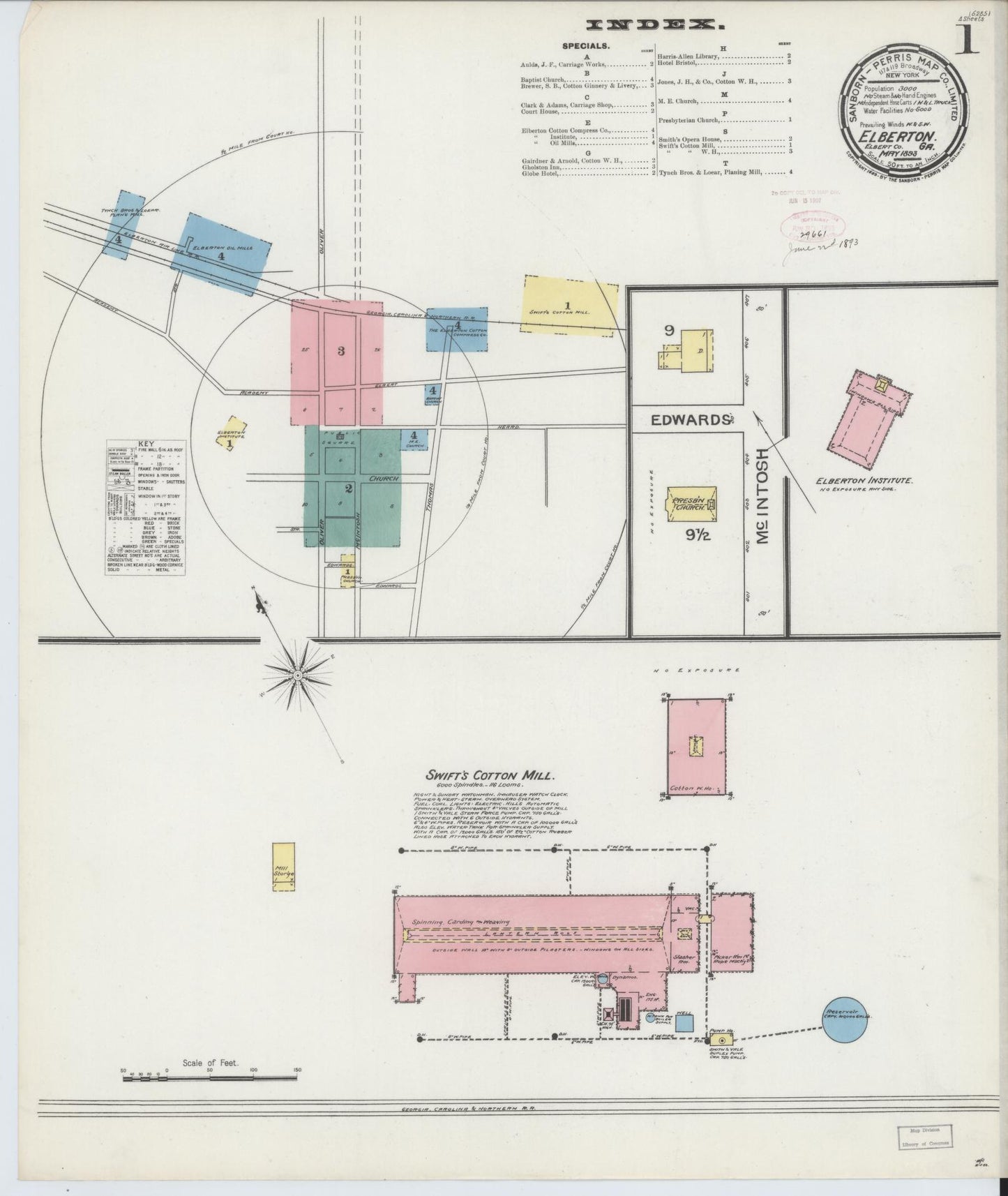 Sanborn Fire Insurance Map from Elberton, Elbert County, Georgia (1893), Sheet #0001 - Historic Sanborn Fire Insurance Map Print, vintage old map wall art, antique decor, genealogy gift, Georgia Georgia map