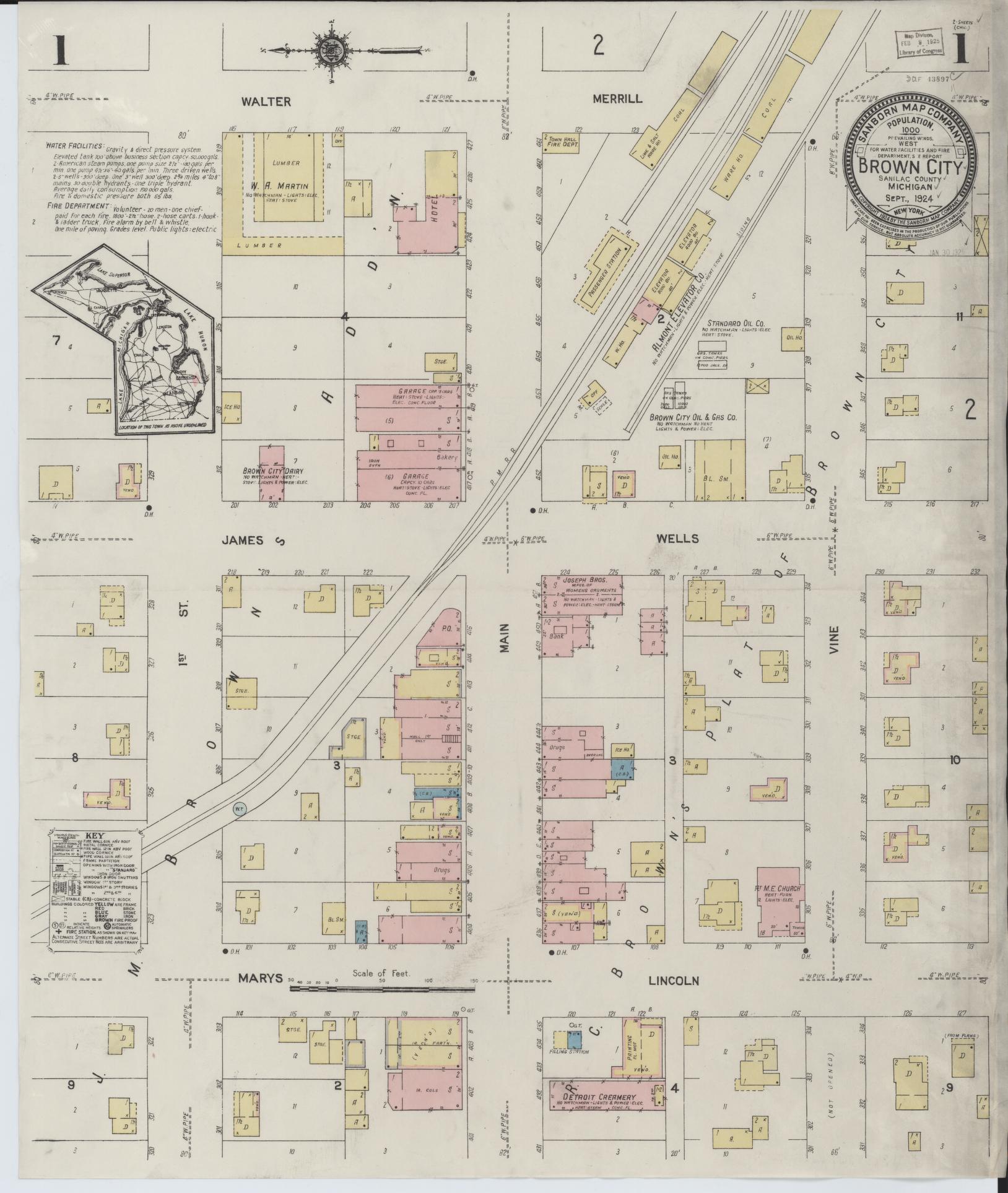Sanborn Fire Insurance Map from Brown City, Sanilac County, Michigan (1924), Sheet #0001 - Complete Map Set gallery image, historic Sanborn map, vintage wall art, Michigan Michigan