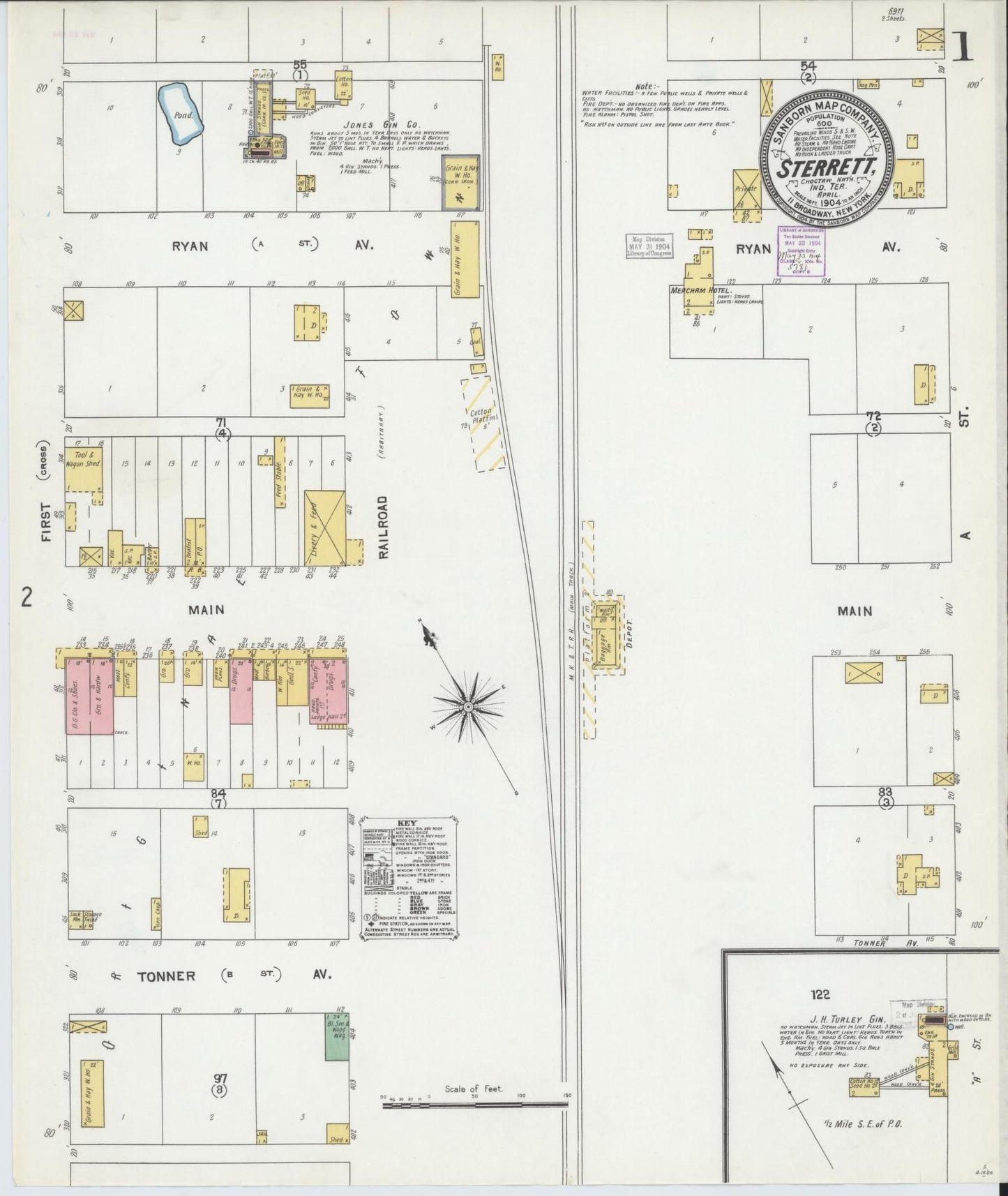 Sanborn Fire Insurance Map from Sterrett, Bryan County, Oklahoma (1904), Sheet #0001 - Complete Map Set gallery image, historic Sanborn map, vintage wall art, Oklahoma Oklahoma