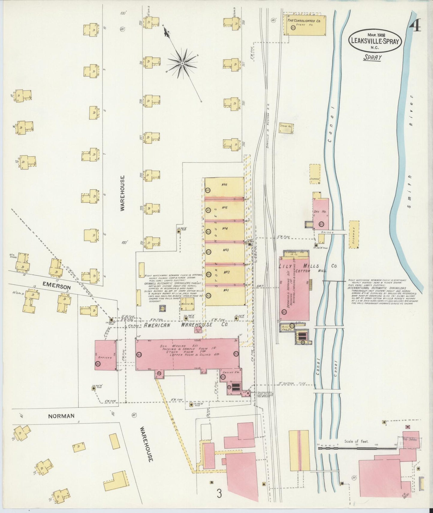 Sanborn Fire Insurance Map from Leaksville-spray, Rockingham County, North Carolina (1908), Sheet #0004 - Complete Map Set gallery image, historic Sanborn map, vintage wall art, North Carolina North Carolina