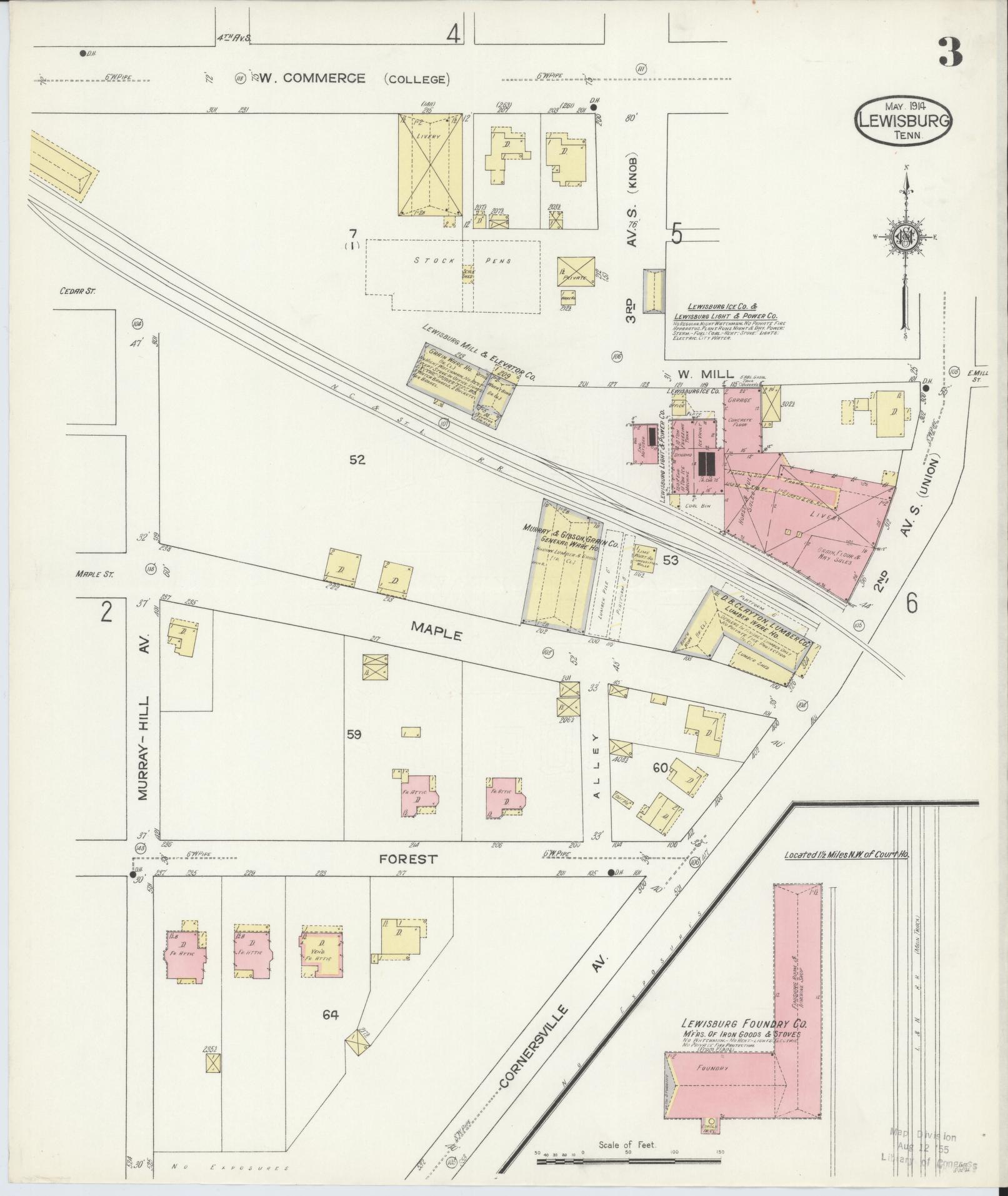 Sanborn Fire Insurance Map from Lewisburg, Marshall County, Tennessee (1914), Sheet #0003 - Complete Map Set gallery image, historic Sanborn map, vintage wall art, Tennessee Tennessee