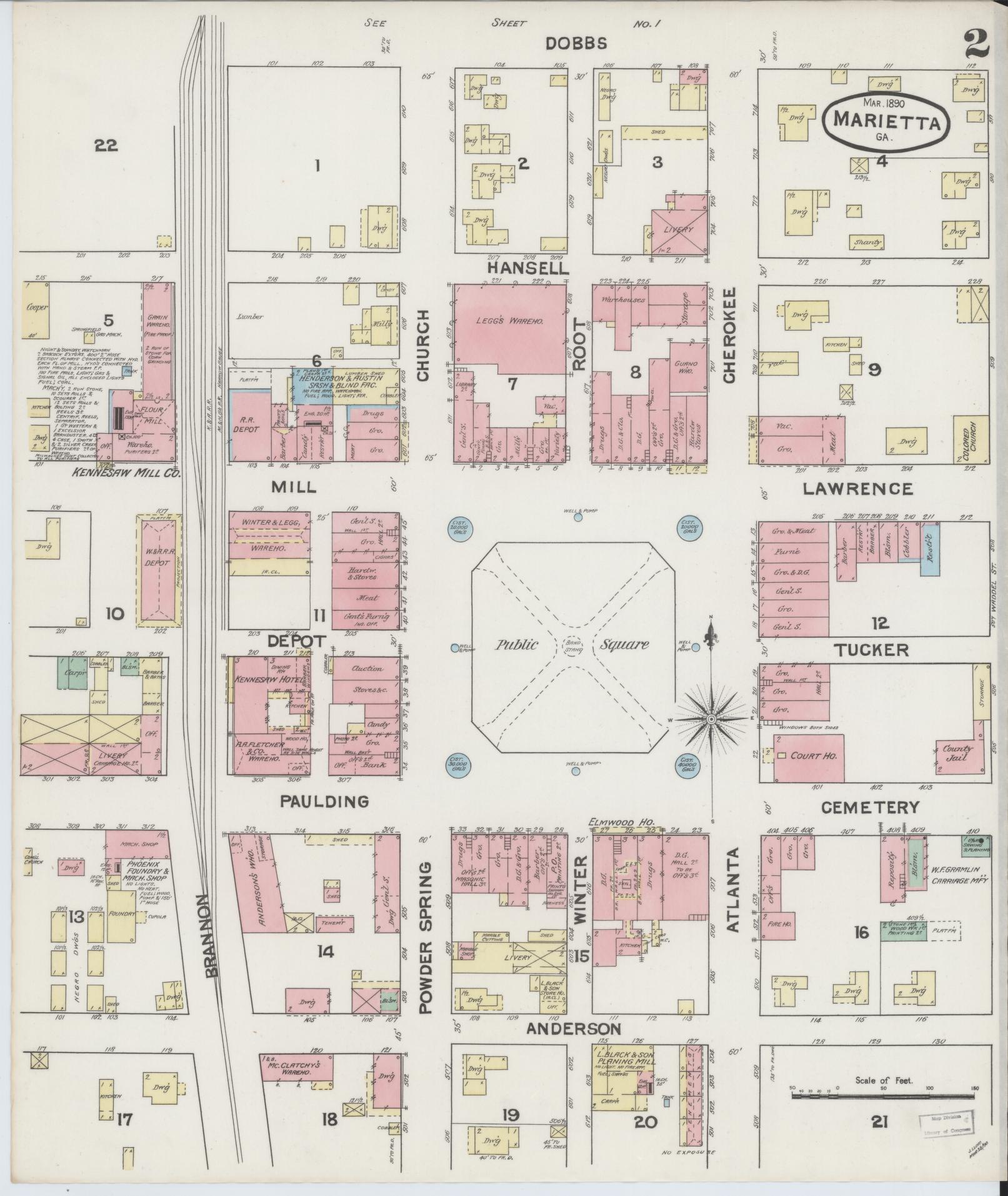 Sanborn Fire Insurance Map from Marietta, Cobb County, Georgia (1890), Sheet #0002 - Historic Sanborn Fire Insurance Map Print, vintage old map wall art, antique decor, genealogy gift, Georgia Georgia map