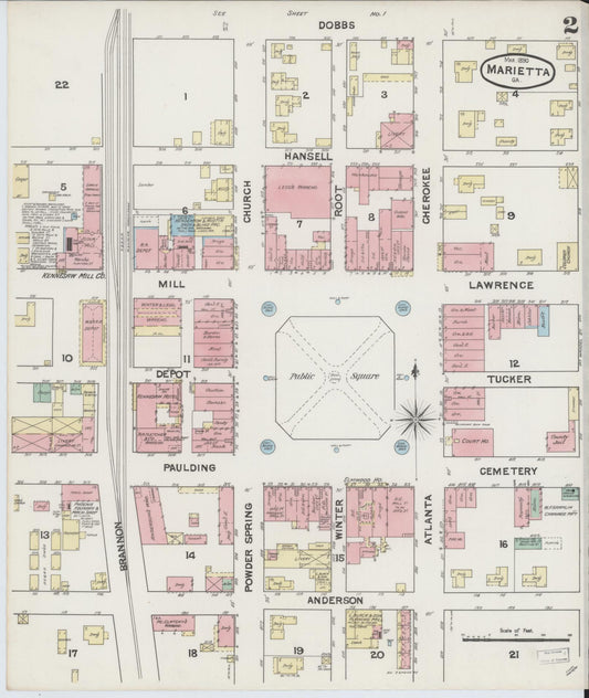 Sanborn Fire Insurance Map from Marietta, Cobb County, Georgia (1890), Sheet #0002 - Historic Sanborn Fire Insurance Map Print, vintage old map wall art, antique decor, genealogy gift, Georgia Georgia map
