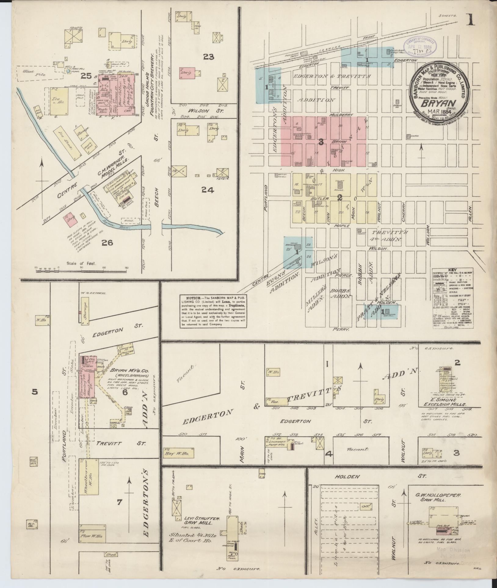 Sanborn Fire Insurance Map from Bryan, Williams County, Ohio (1884), Sheet #0001 - Complete Map Set gallery image, historic Sanborn map, vintage wall art, Ohio Ohio