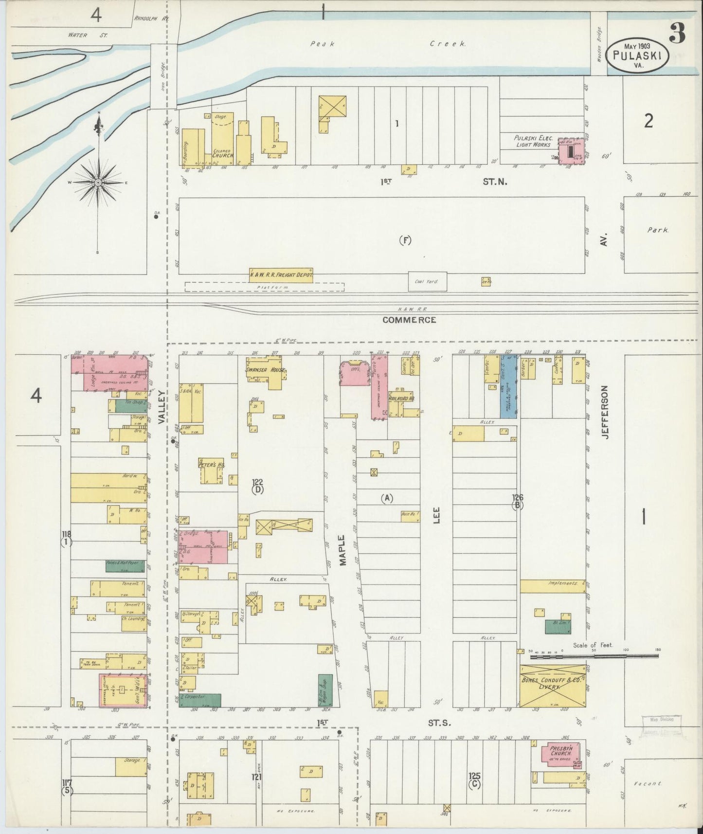 Sanborn Fire Insurance Map from Pulaski, Pulaski County, Virginia (1903), Sheet #0003 - Complete Map Set gallery image, historic Sanborn map, vintage wall art, Virginia Virginia