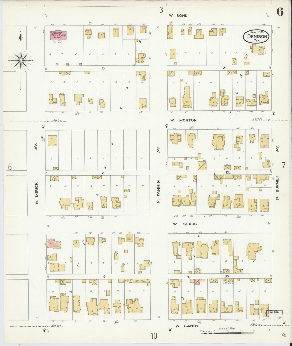 Sanborn Fire Insurance Map from Denison, Grayson County, Texas (1908), Sheet #0006 - Complete Map Set gallery image, historic Sanborn map, vintage wall art, Texas Texas